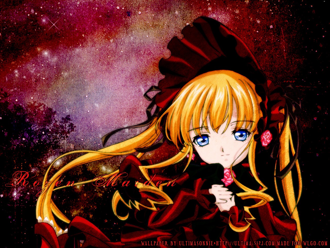 1girl blonde_hair blue_eyes bonnet bow candy flower image lollipop long_hair pink_rose red_flower rose shinku sky solo star_(sky) starry_sky twintails very_long_hair watermark web_address