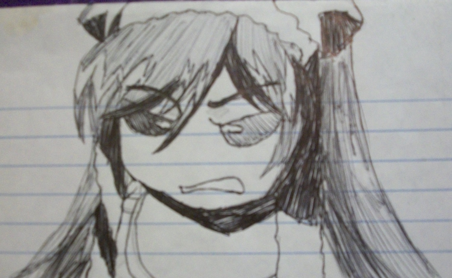 1girl image long_hair monochrome solo suiseiseki teeth traditional_media