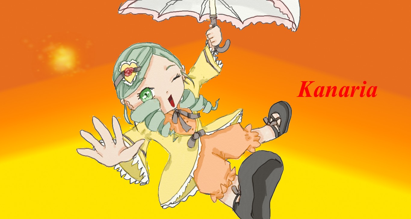 1girl dress drill_hair flower green_eyes green_hair hair_ornament image kanaria long_sleeves one_eye_closed open_mouth orange_background short_hair simple_background solo umbrella