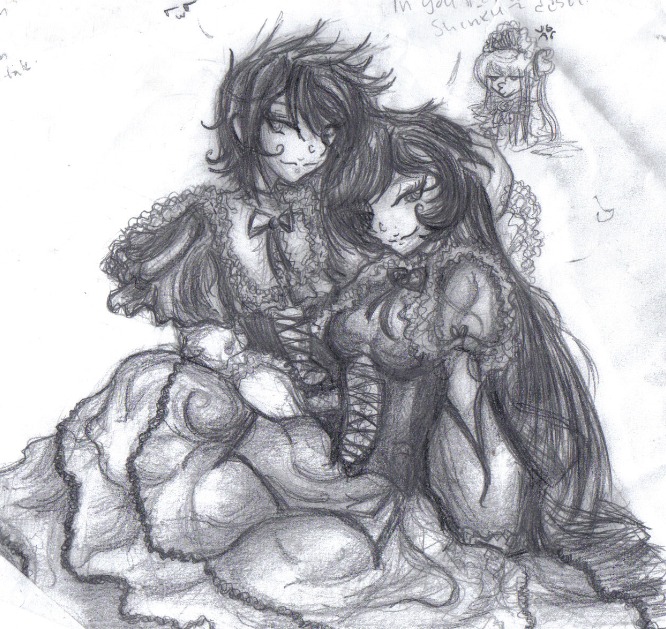 3girls dress graphite_(medium) greyscale houjuu_nue image long_hair long_sleeves monochrome multiple_girls pair short_hair smile souseiseki suiseiseki traditional_media wings