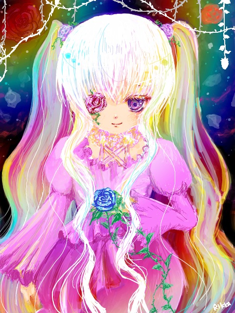 1girl auto_tagged blonde_hair blue_eyes blue_rose dress flower image kirakishou lolita_fashion long_hair pink_flower pink_rose purple_rose red_flower red_rose rose smile solo thorns twintails very_long_hair vines