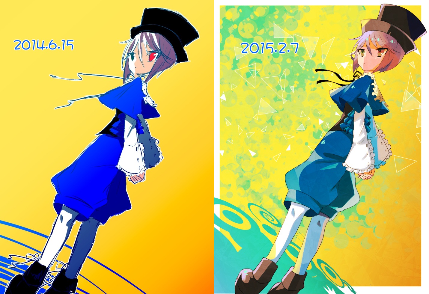 2girls black_footwear black_headwear blue_dress boots capelet dress frills full_body hat heterochromia image long_sleeves looking_at_viewer multiple_girls pantyhose red_eyes shoes short_hair shorts solo souseiseki standing white_legwear yellow_background yellow_eyes