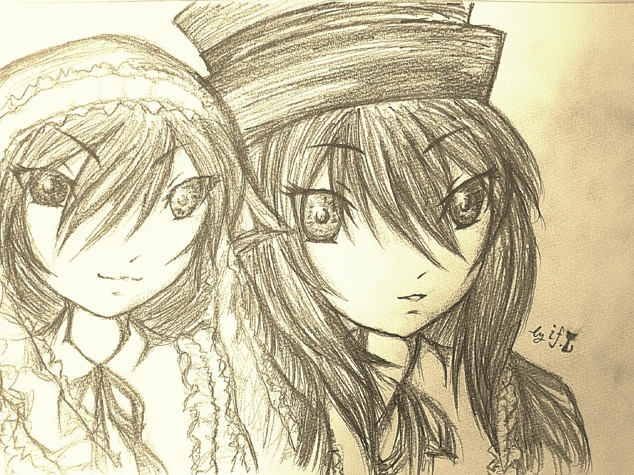2girls alice_margatroid closed_mouth graphite_(medium) hairband image looking_at_viewer monochrome multiple_girls pair ribbon smile souseiseki suiseiseki