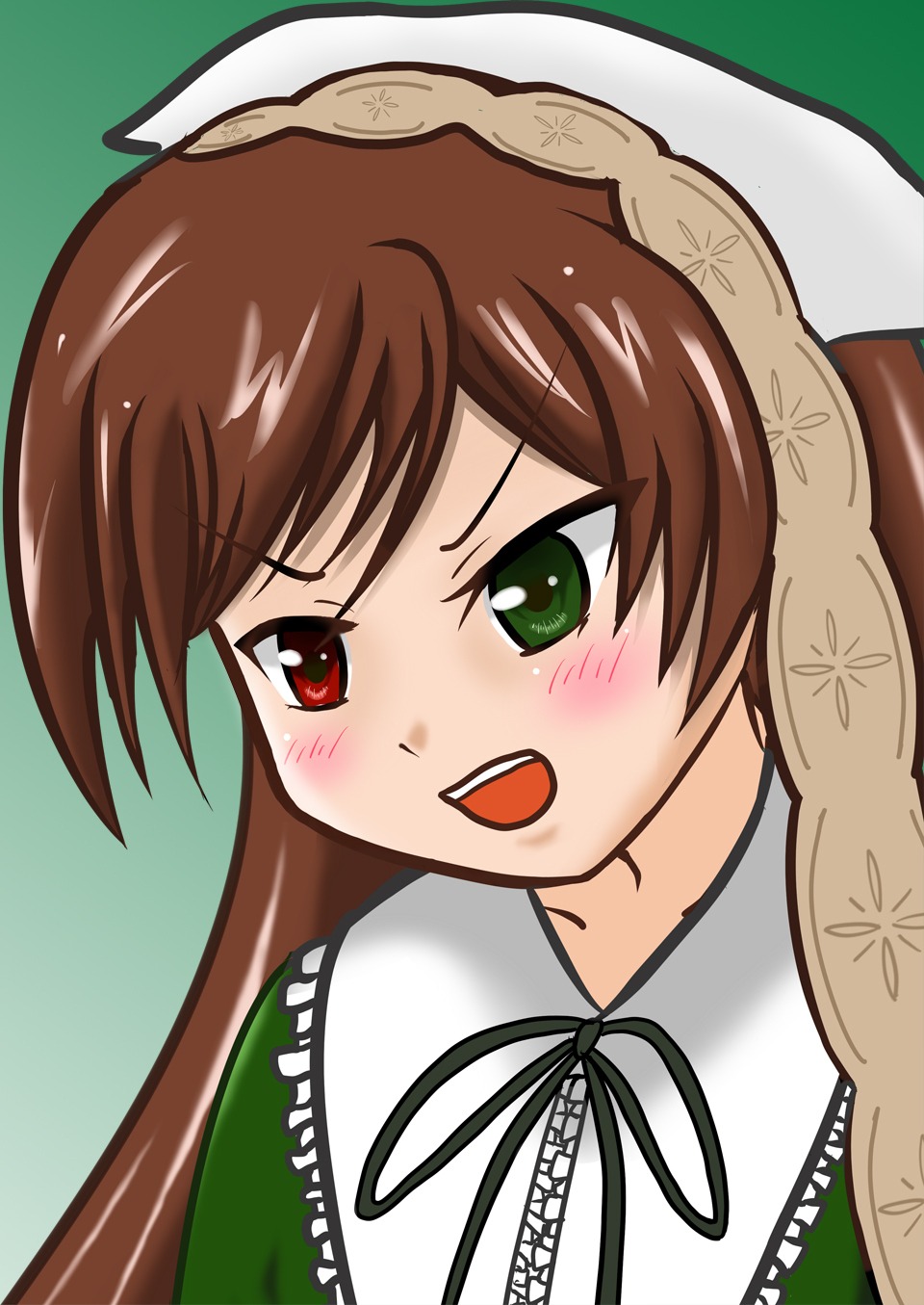 1girl :d bangs blush brown_hair dress green_background green_eyes head_scarf heterochromia image long_hair long_sleeves open_mouth red_eyes ribbon smile solo suiseiseki