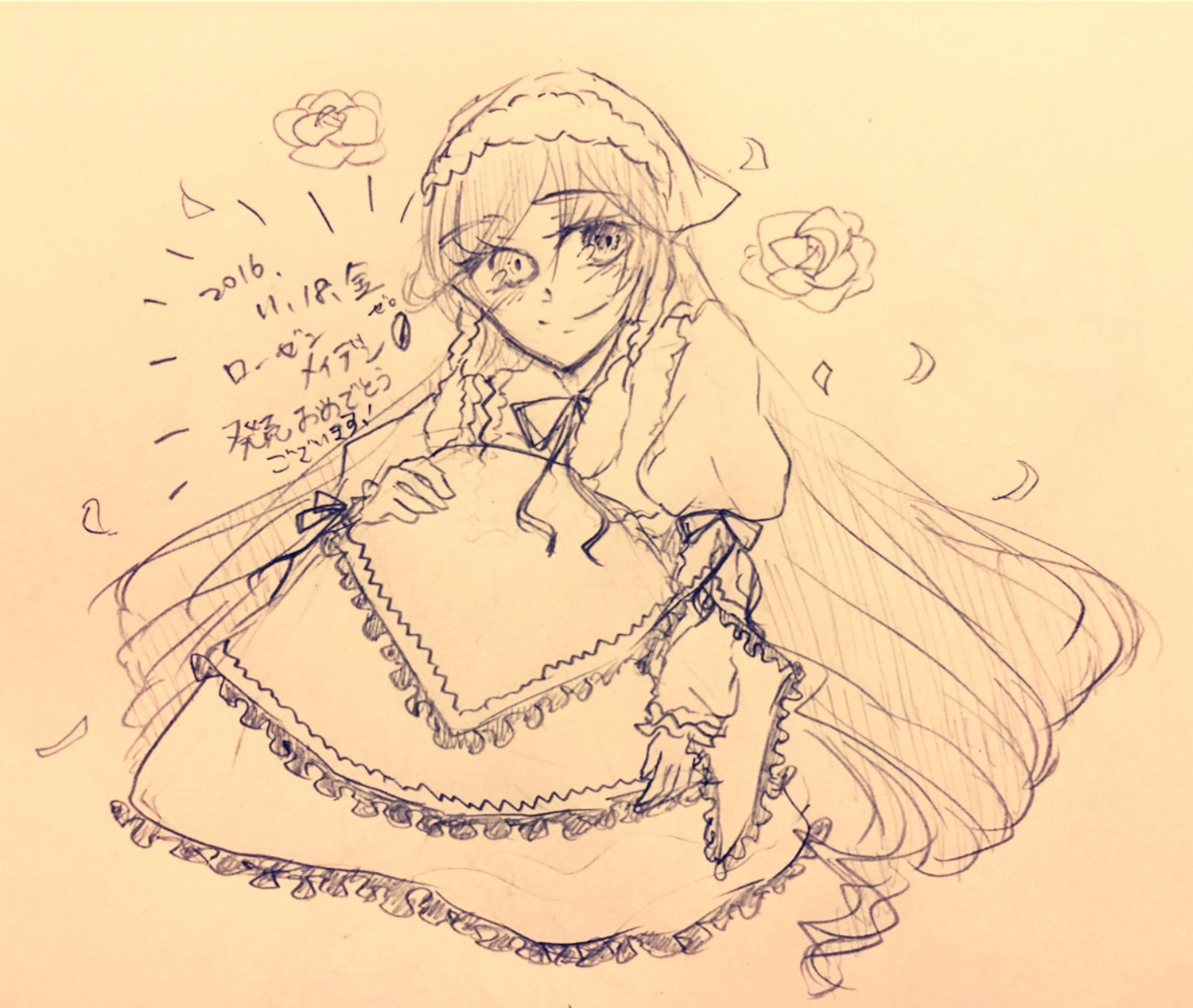 1girl dress flower frills image juliet_sleeves long_hair long_sleeves looking_at_viewer monochrome petals rose smile solo suiseiseki very_long_hair