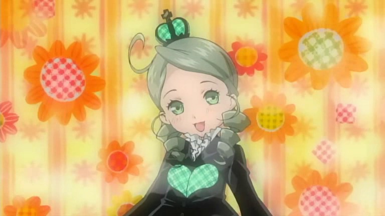 1girl :d ahoge black_shirt crown dress floral_background flower green_eyes green_hair grey_hair image kanaria long_sleeves looking_at_viewer mini_crown non-web_source open_mouth orange_background rozen_maiden screencap shirt short_hair smile solo upper_body