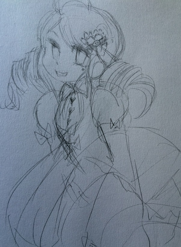 1girl detached_sleeves hair_ornament image kanaria long_hair monochrome sketch smile solo traditional_media