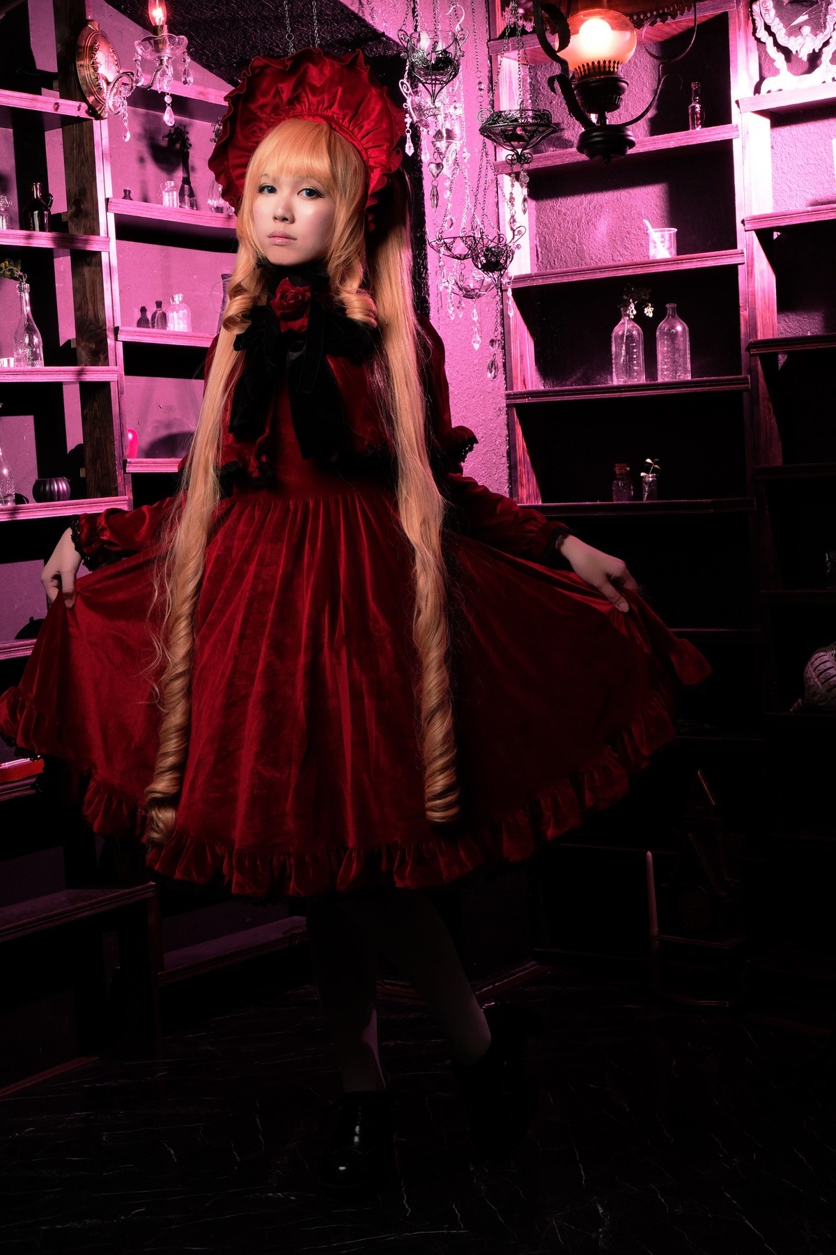1girl blonde_hair blue_eyes dress flower indoors long_hair red_dress rose shinku solo standing