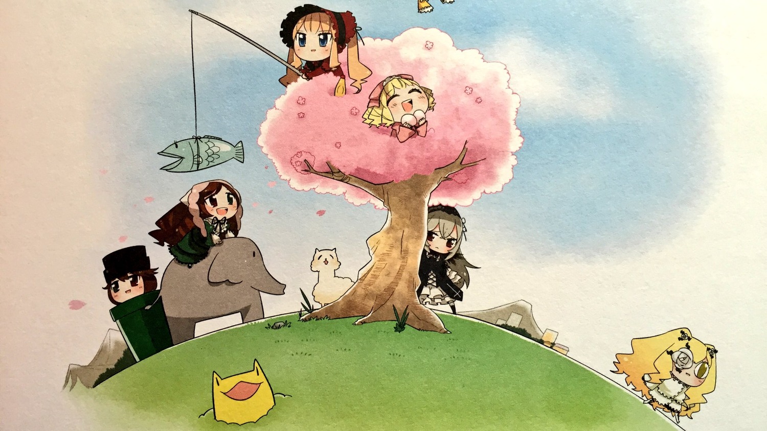 4girls blonde_hair blue_eyes brown_hair bush closed_eyes green_jacket ground_vehicle hat image long_hair military military_uniform multiple multiple_girls short_hair smile tagme tree twintails umbrella uniform