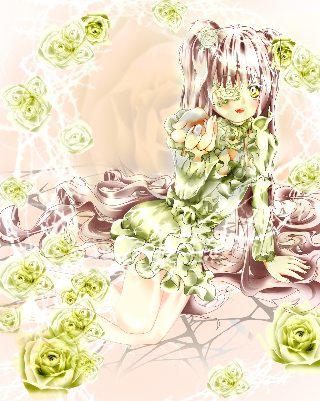 1girl black_flower black_rose dress eyepatch flower frills green_flower hair_flower hair_ornament image kirakishou long_hair pink_rose purple_rose rose solo thorns vines white_flower white_rose yellow_eyes yellow_flower yellow_rose
