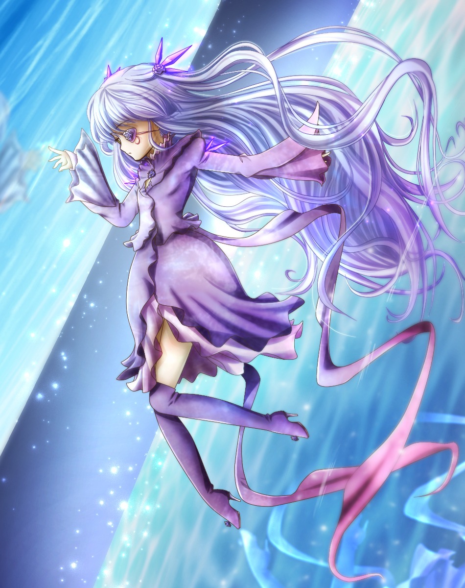 1girl barasuishou boots dress full_body hair_ribbon high_heels image long_hair purple_dress purple_eyes ribbon solo thigh_boots thighhighs very_long_hair zettai_ryouiki