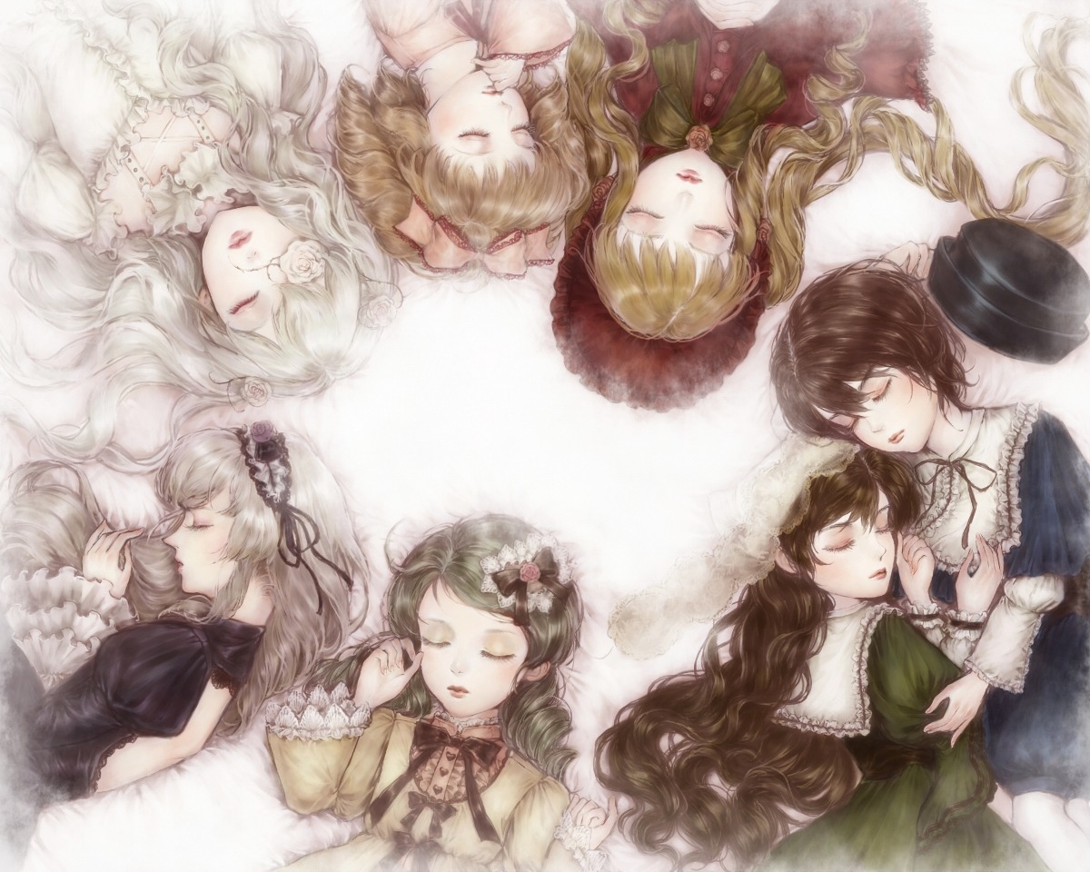6+girls blonde_hair bow brown_hair circle_formation closed_eyes commentary_request dress eyepatch flower frills green_hair hair_bow hair_ornament hairband hat hat_removed headwear_removed hina_ichigo hug image kanaria kirakishou long_hair lying mini_hat multiple multiple_girls on_back on_side realistic rozen_maiden shinku short_hair siblings silver_hair sisters sleeping souseiseki suigintou suiseiseki tagme twins twintails yukishiro_(hitsuji)