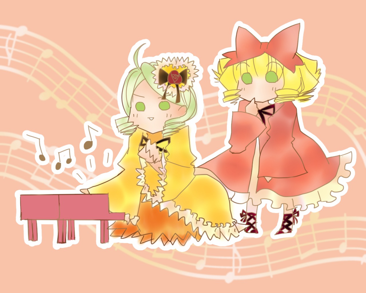 2girls beamed_eighth_notes beamed_sixteenth_notes blonde_hair bow dress drill_hair eighth_note flower green_eyes green_hair hair_ornament hat hina_ichigo hinaichigo image instrument kanaria multiple_girls music musical_note pair quarter_note short_hair sixteenth_note spoken_musical_note staff_(music)