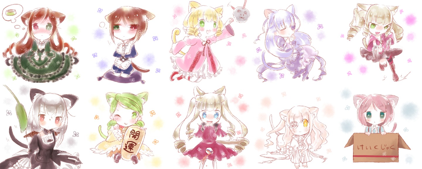 6+girls ? animal_ears blonde_hair blue_eyes brown_hair cat_ears cat_tail chibi dress green_eyes green_hair image long_hair multiple multiple_girls musical_note one_eye_closed pink_hair red_eyes short_hair smile tagme tail