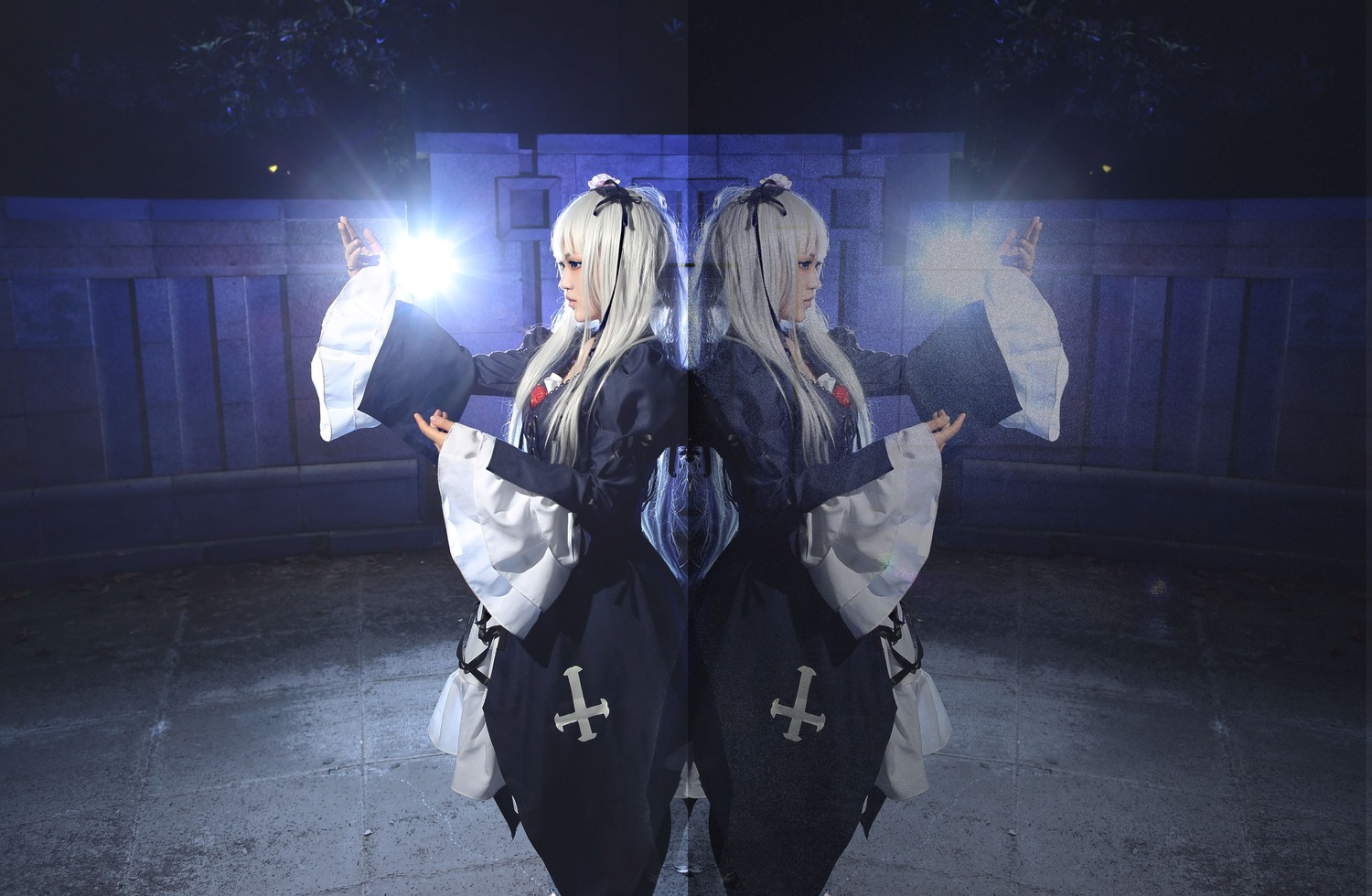 2girls bangs black_kimono fan hair_ornament holding indoors japanese_clothes kimono long_hair looking_at_viewer multiple_girls solo standing suigintou white_hair wide_sleeves