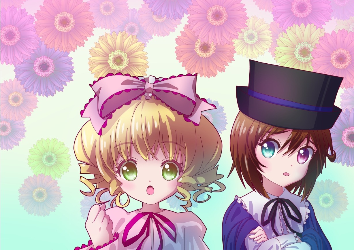 2girls :o blonde_hair blue_eyes bow brown_hair dress floral_background flower green_eyes hat hina_ichigo hinaichigo image multiple_girls open_mouth pair ribbon short_hair siblings sisters souseiseki twins