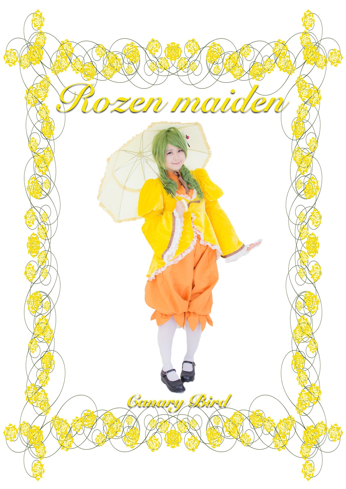 1girl closed_eyes flower green_hair holding_umbrella kanaria long_sleeves parasol smile solo striped umbrella vertical_stripes