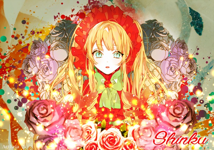 1girl blonde_hair bonnet dress flower green_neckwear image long_hair looking_at_viewer pink_flower pink_rose red_capelet red_flower red_rose rose shinku solo yellow_flower