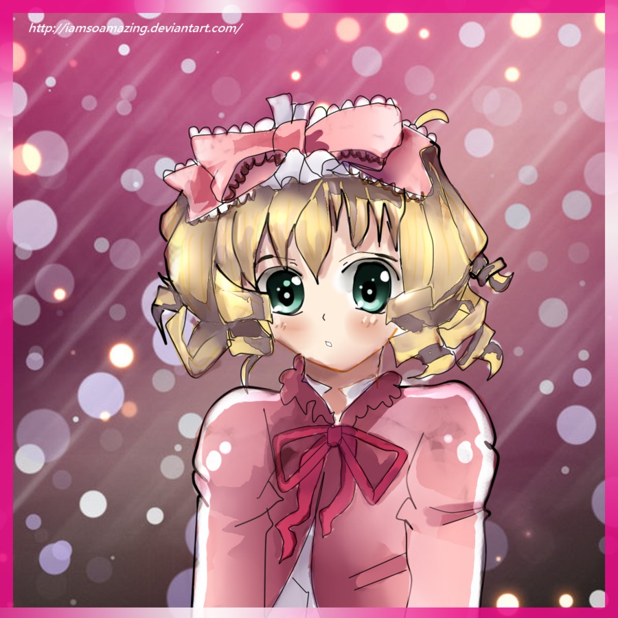 1girl :o blonde_hair blush bokeh bow dress drill_hair green_eyes hina_ichigo hinaichigo image lens_flare long_sleeves looking_at_viewer pink_bow pink_dress polka_dot polka_dot_background ribbon short_hair solo twin_drills upper_body watermark web_address