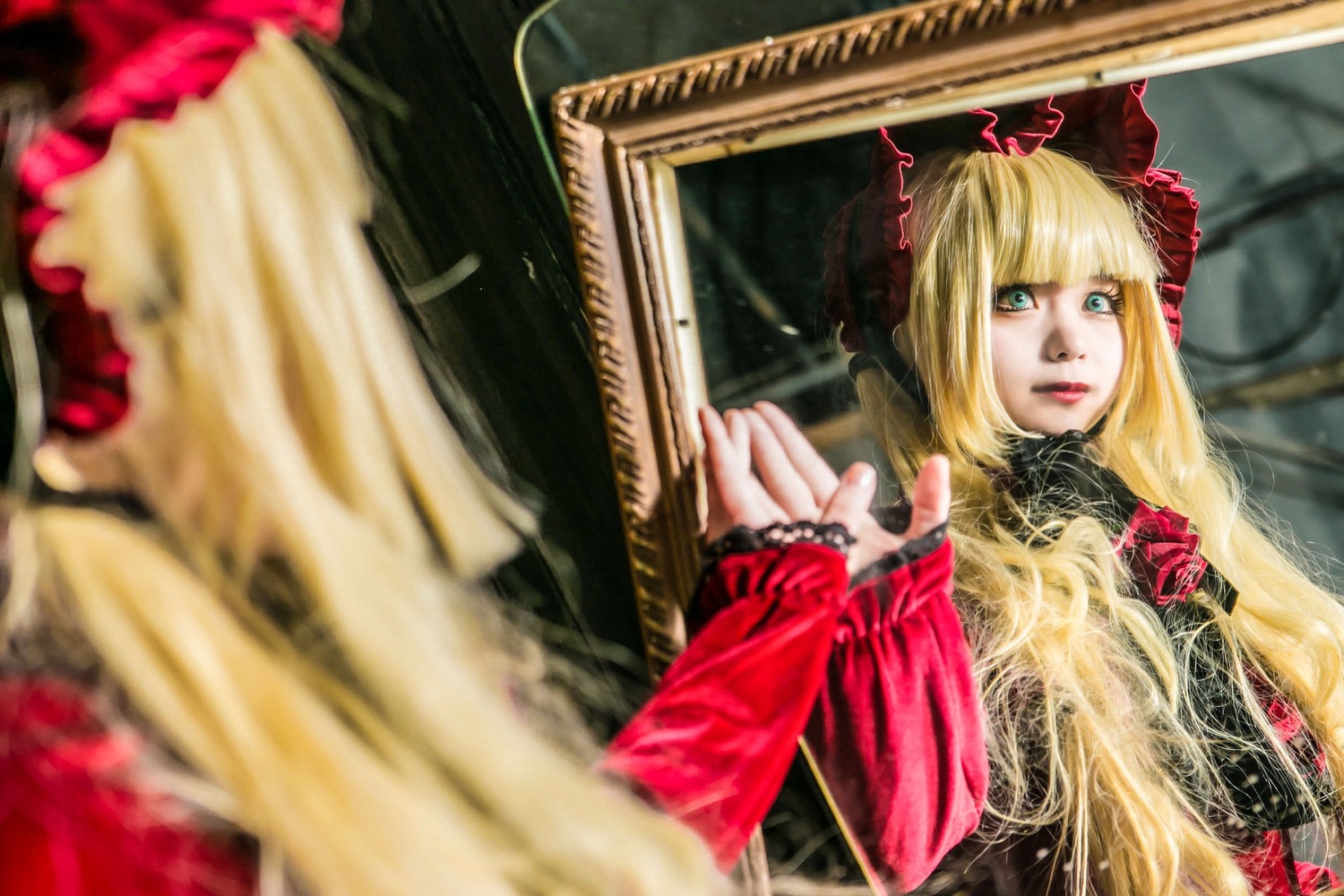 1girl blonde_hair blue_eyes blurry depth_of_field dress flower frills hat instrument lips long_hair music photo playing_instrument rose shinku solo