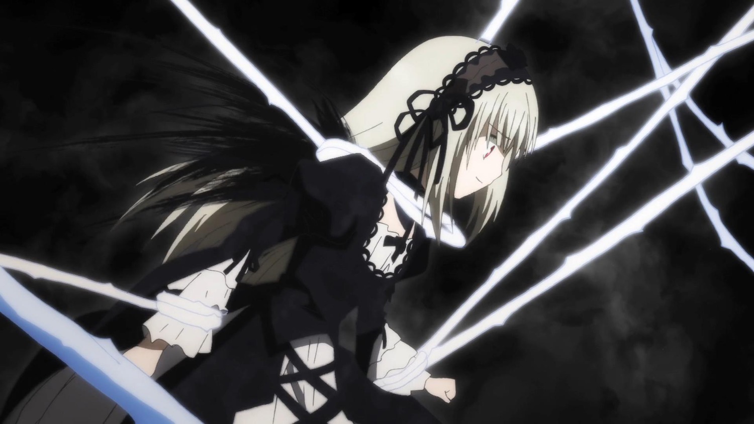 1girl dress frills hairband holding holding_sword holding_weapon image lolita_hairband long_hair long_sleeves puffy_sleeves red_eyes solo suigintou sword very_long_hair weapon wings