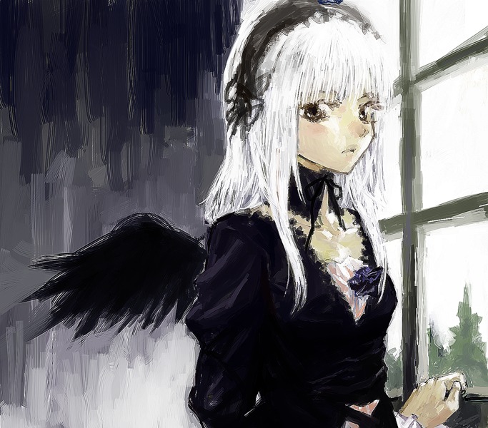 1girl bangs black_dress black_wings closed_mouth dress feathered_wings feathers gothic_lolita image long_hair long_sleeves looking_at_viewer solo suigintou upper_body white_hair white_wings window wings