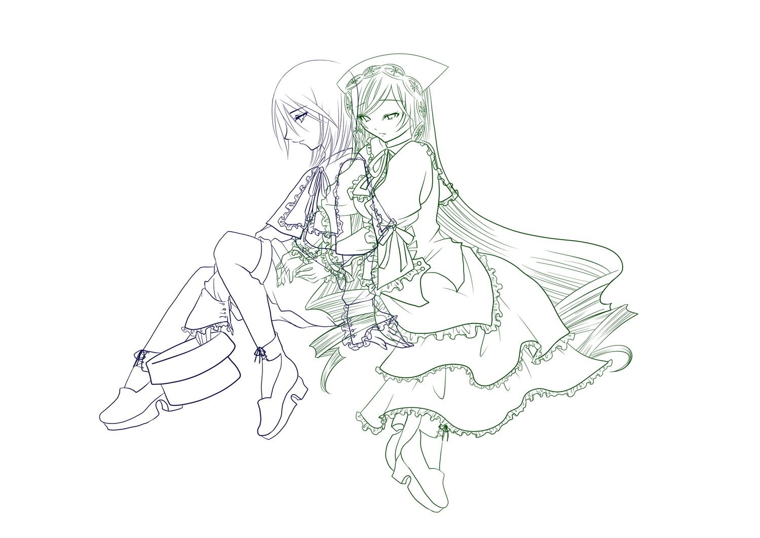 2girls boots dress frills high_heels image long_hair long_sleeves monochrome multiple_girls pair short_hair souseiseki spot_color striped suiseiseki very_long_hair