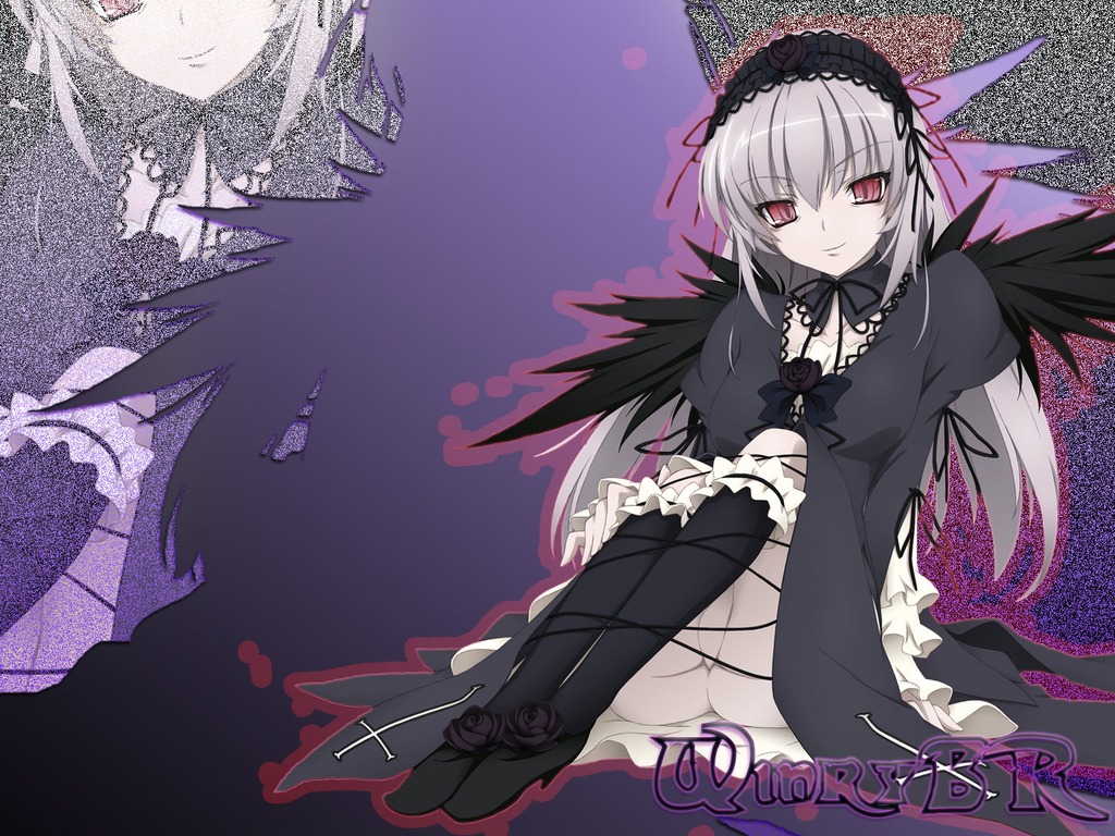 1girl black_dress black_wings dress flower frills full_body hairband image long_hair long_sleeves looking_at_viewer silver_hair sitting solo suigintou wings zoom_layer