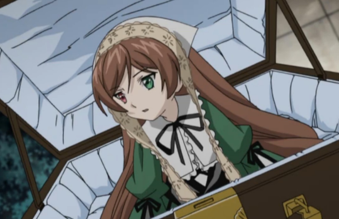 1girl brown_hair dress green_dress green_eyes heterochromia image indoors long_hair long_sleeves looking_at_viewer red_eyes ribbon solo suiseiseki very_long_hair