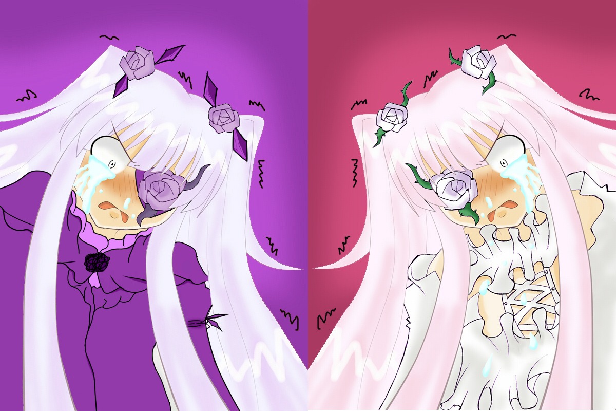 2girls ? barasuishou blindfold blush dress flower image kirakishou long_hair multiple_girls pair rose saliva tears white_hair white_rose