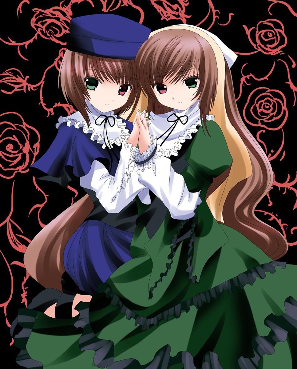 2girls blue_dress brown_hair dress flower frills green_dress green_eyes hat head_scarf heterochromia highres holding_hands image long_hair long_sleeves looking_at_viewer multiple_girls namamo_nanase pair red_eyes rose rozen_maiden short_hair siblings sisters souseiseki suiseiseki twins very_long_hair