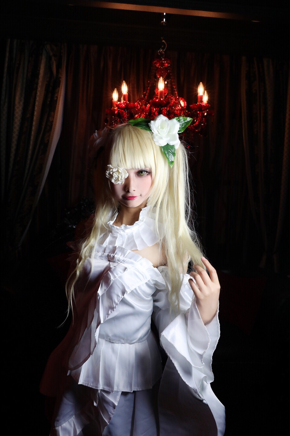 1girl bangs blonde_hair curtains dress eyepatch flower green_eyes hair_flower hair_ornament kirakishou lips long_hair solo white_dress white_hair
