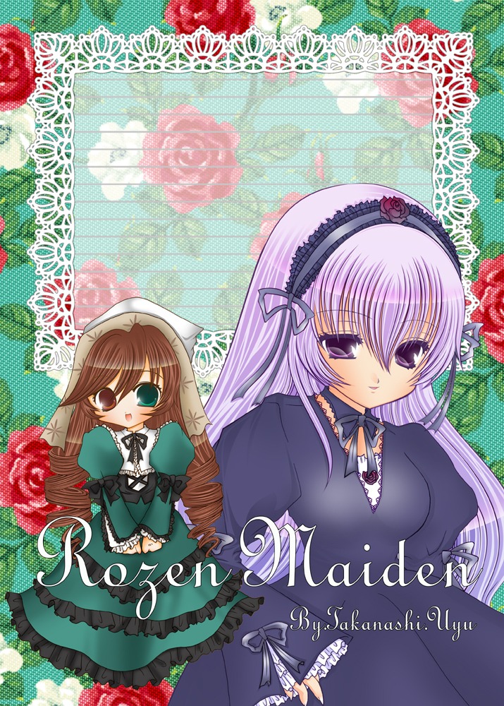 2girls brown_hair dress drill_hair flower frills green_dress green_eyes hairband image lolita_fashion long_hair long_sleeves looking_at_viewer multiple_girls open_mouth pair purple_eyes red_flower red_rose rose smile suigintou suiseiseki