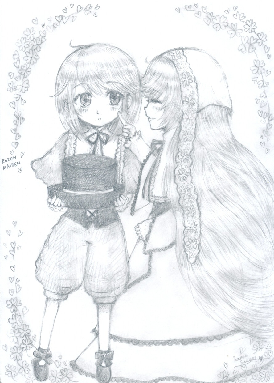 2girls choker closed_eyes dress flower frills image long_hair monochrome multiple_girls pair short_hair smile souseiseki suiseiseki very_long_hair yuri