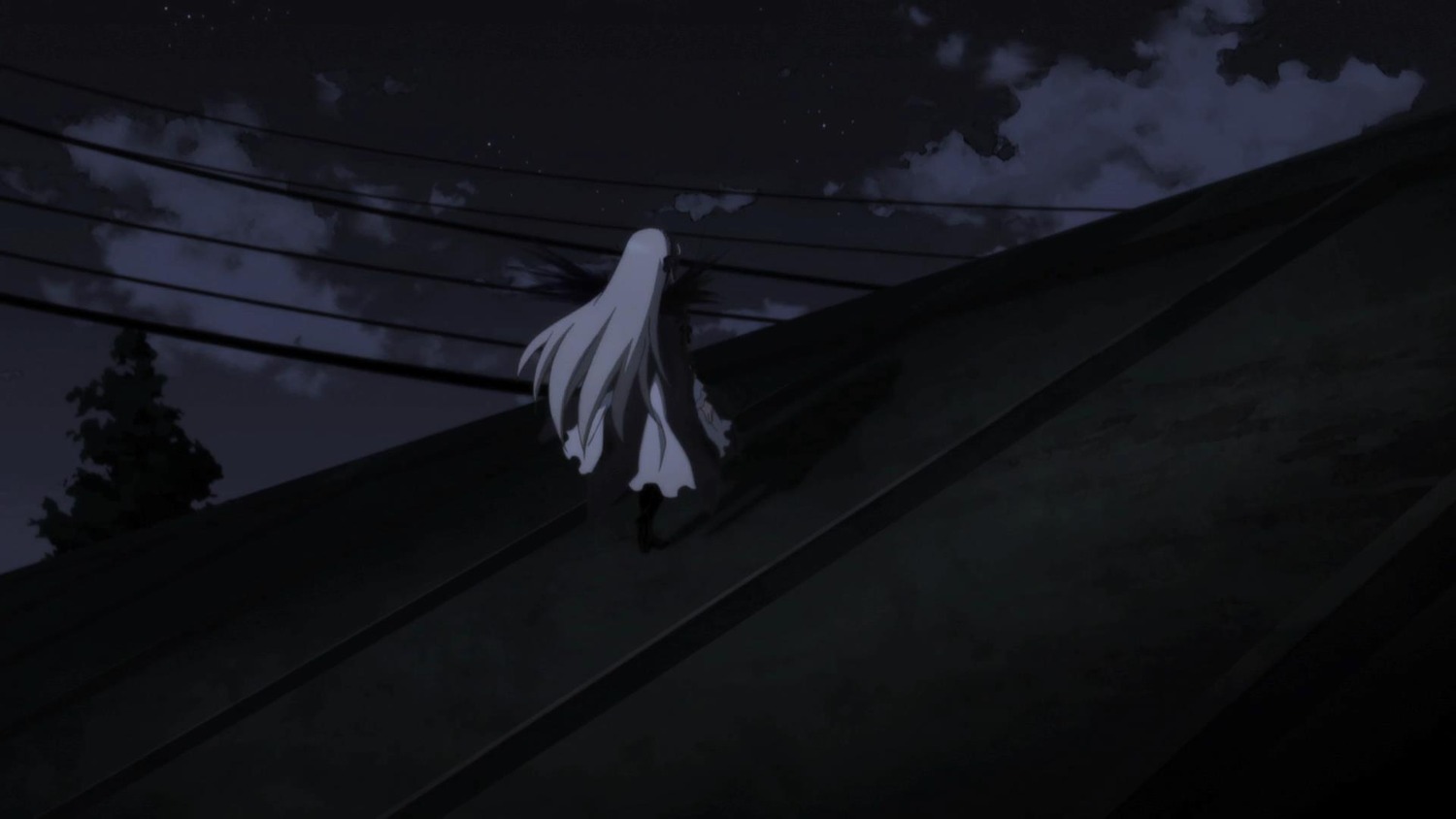 1girl cloud dress facing_away image long_hair night outdoors sky solo standing suigintou very_long_hair white_dress