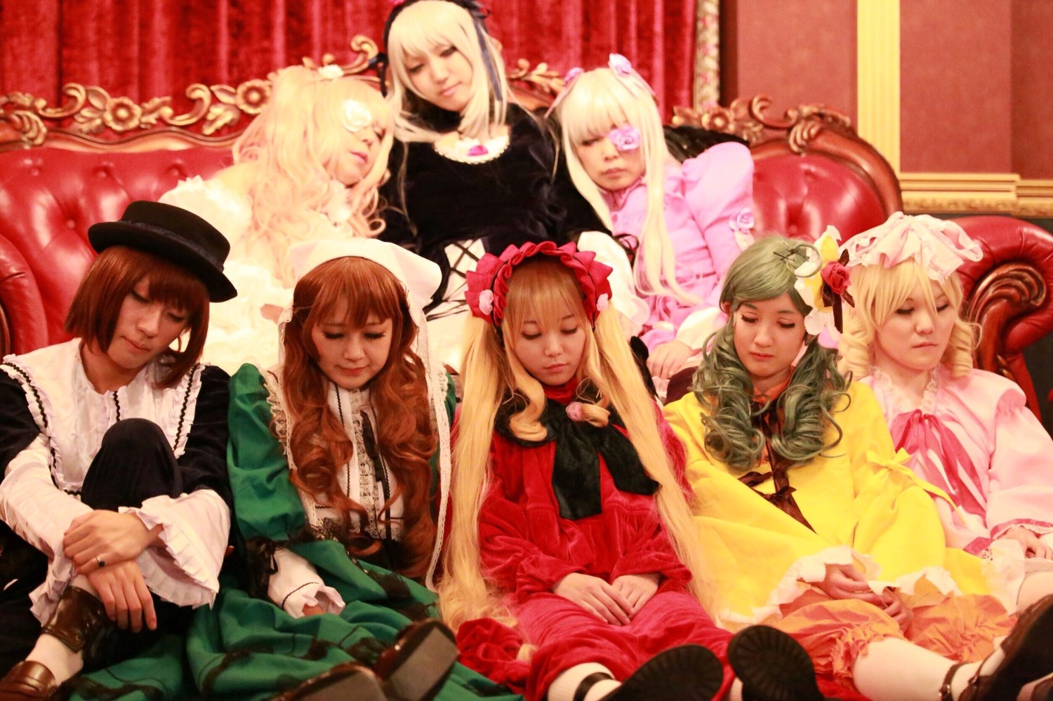 6+girls blonde_hair brown_hair closed_eyes curtains dress green_hair hair_ornament hat long_hair multiple_cosplay multiple_girls ribbon short_hair souseiseki tagme