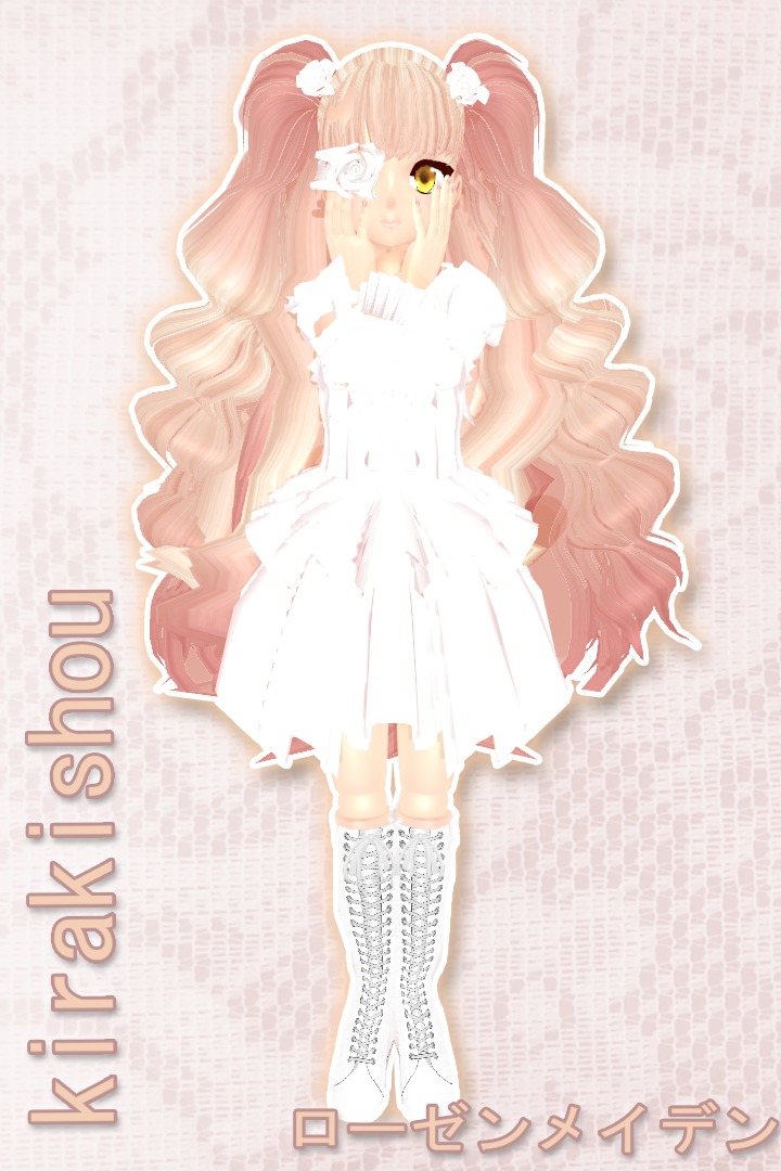 1girl boots dress full_body hair_flower hair_ornament image kirakishou knee_boots long_hair pink_hair solo standing very_long_hair yellow_eyes