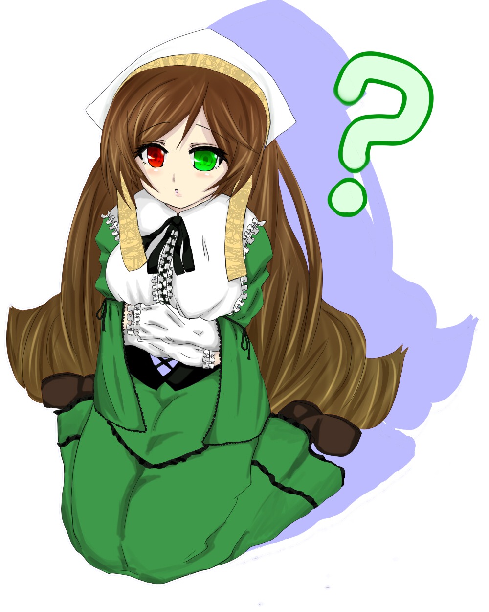 1girl ? brown_hair dress frills full_body green_dress green_eyes head_scarf heterochromia image long_hair long_sleeves looking_at_viewer red_eyes simple_background sitting solo suiseiseki very_long_hair white_background