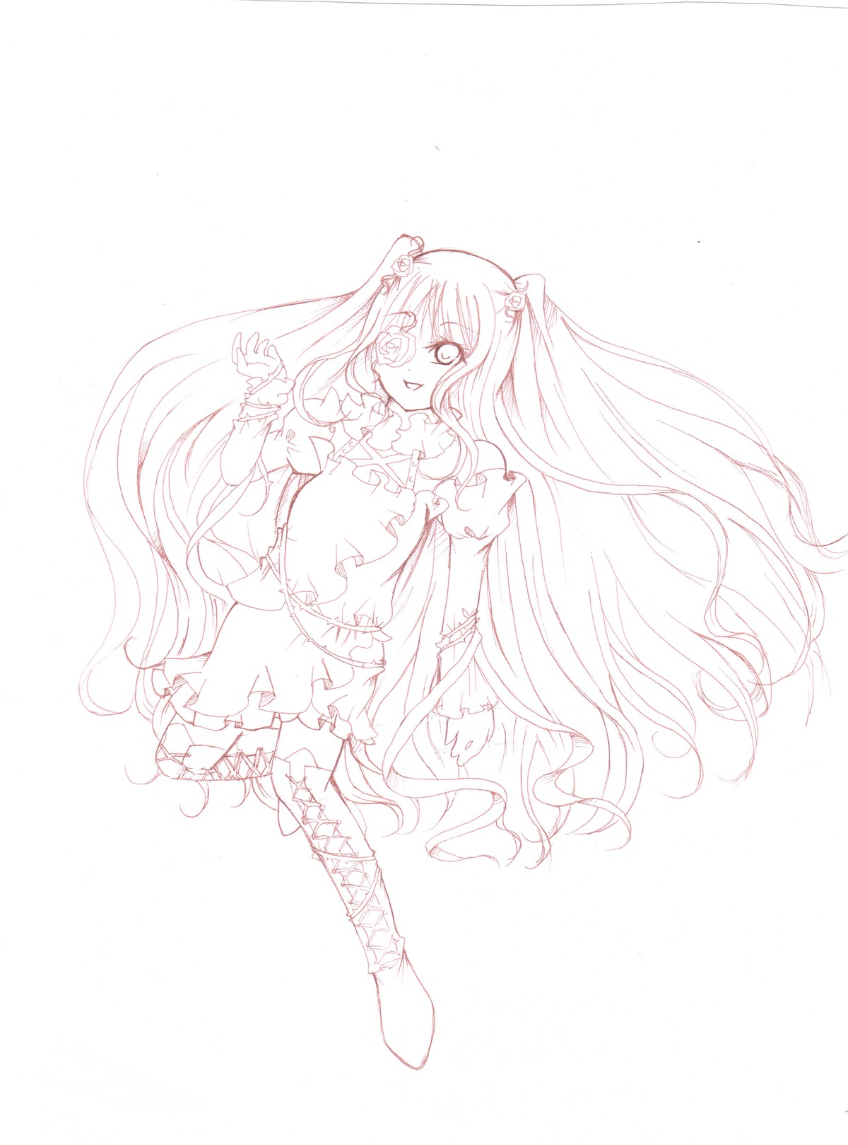 1girl auto_tagged boots bow choker dress hair_ornament image kirakishou knee_boots long_hair magical_girl monochrome smile solo thighhighs two_side_up very_long_hair