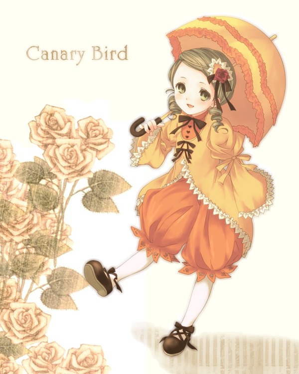 1girl blonde_hair bloomers brown_hair bug butterfly dress drill_hair flower frills full_body green_eyes holding_umbrella image insect kanaria long_sleeves pantyhose parasol pink_flower pink_rose red_flower ribbon rose shoes short_hair solo striped umbrella vertical_stripes white_legwear white_rose