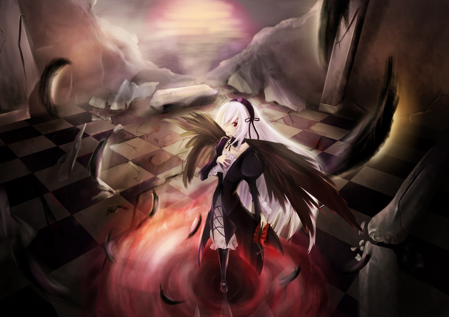 1girl argyle argyle_background argyle_legwear black_wings board_game checkered checkered_background checkered_floor chess_piece dress feathers flag floor flower hairband image perspective pillar red_eyes solo suigintou tile_floor tiles vanishing_point weapon white_hair wings