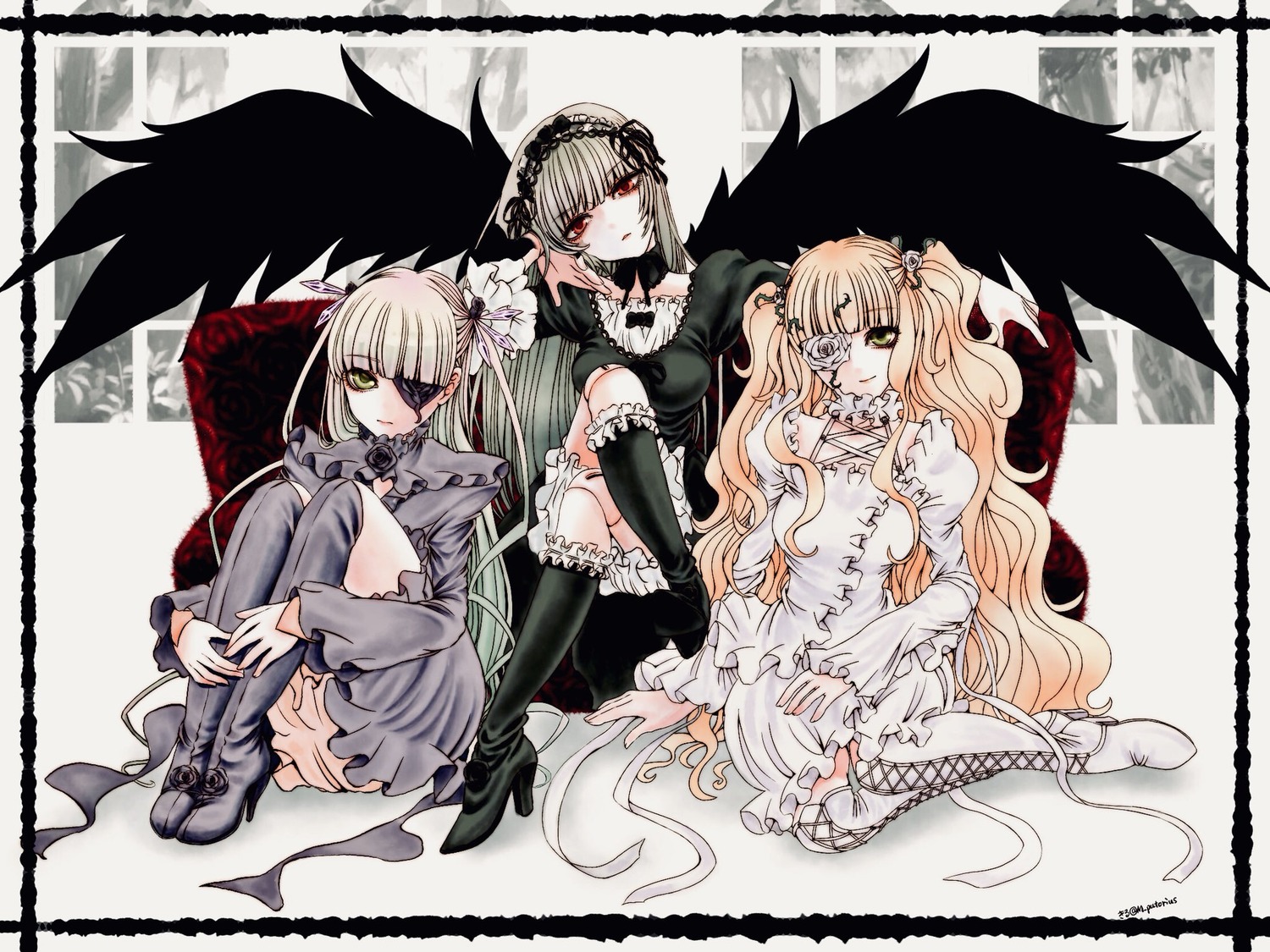 3girls barasuishou black_wings blonde_hair boots cross-laced_footwear dress eyepatch flower frills hairband image kirakishou knee_boots lolita_fashion long_hair long_sleeves looking_at_viewer multiple_girls rose shinku silver_hair sitting suigintou very_long_hair wings yellow_eyes