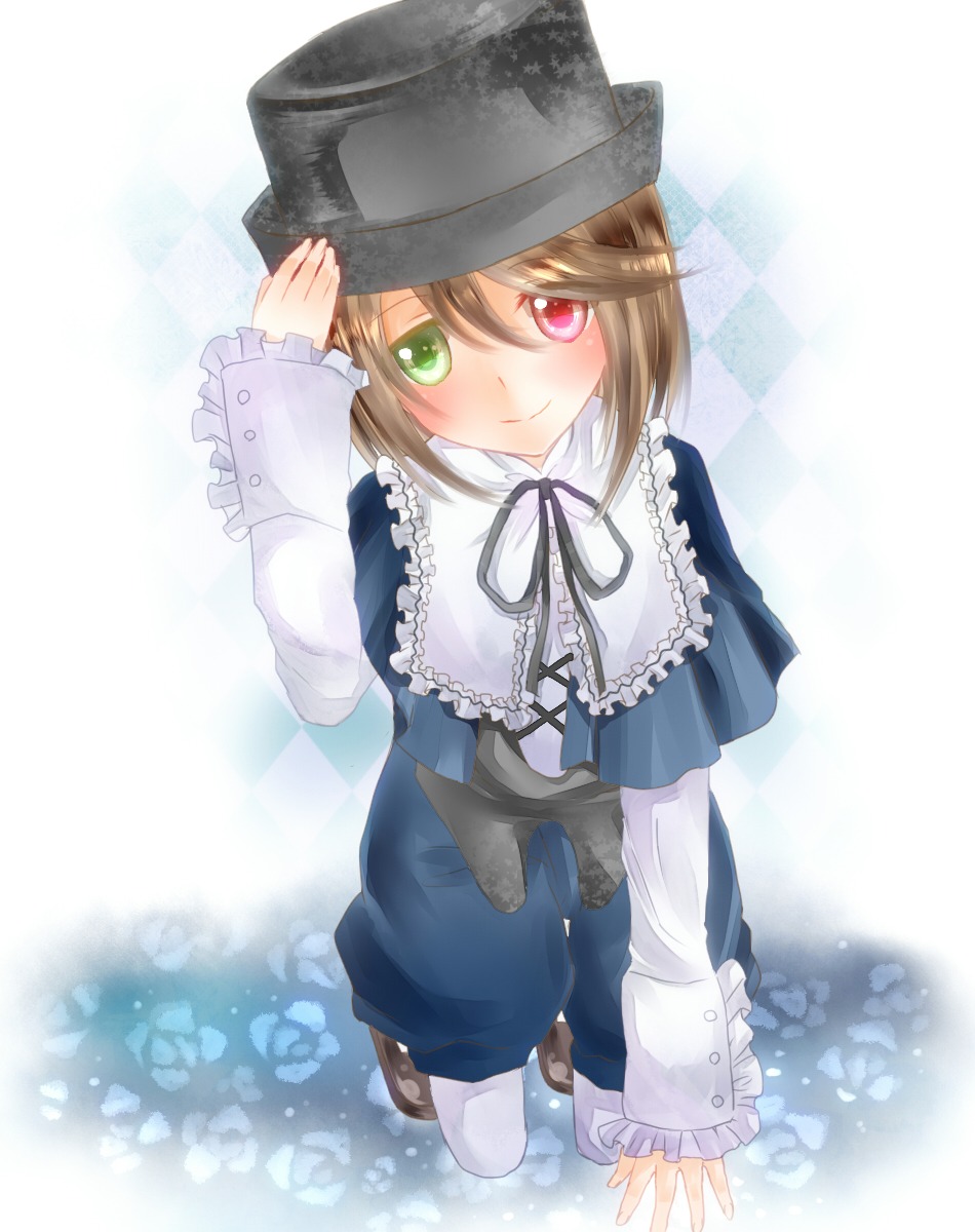 1girl blue_dress blush brown_hair dress frills full_body green_eyes hat heterochromia image long_sleeves looking_at_viewer pantyhose red_eyes ribbon short_hair smile solo souseiseki white_legwear