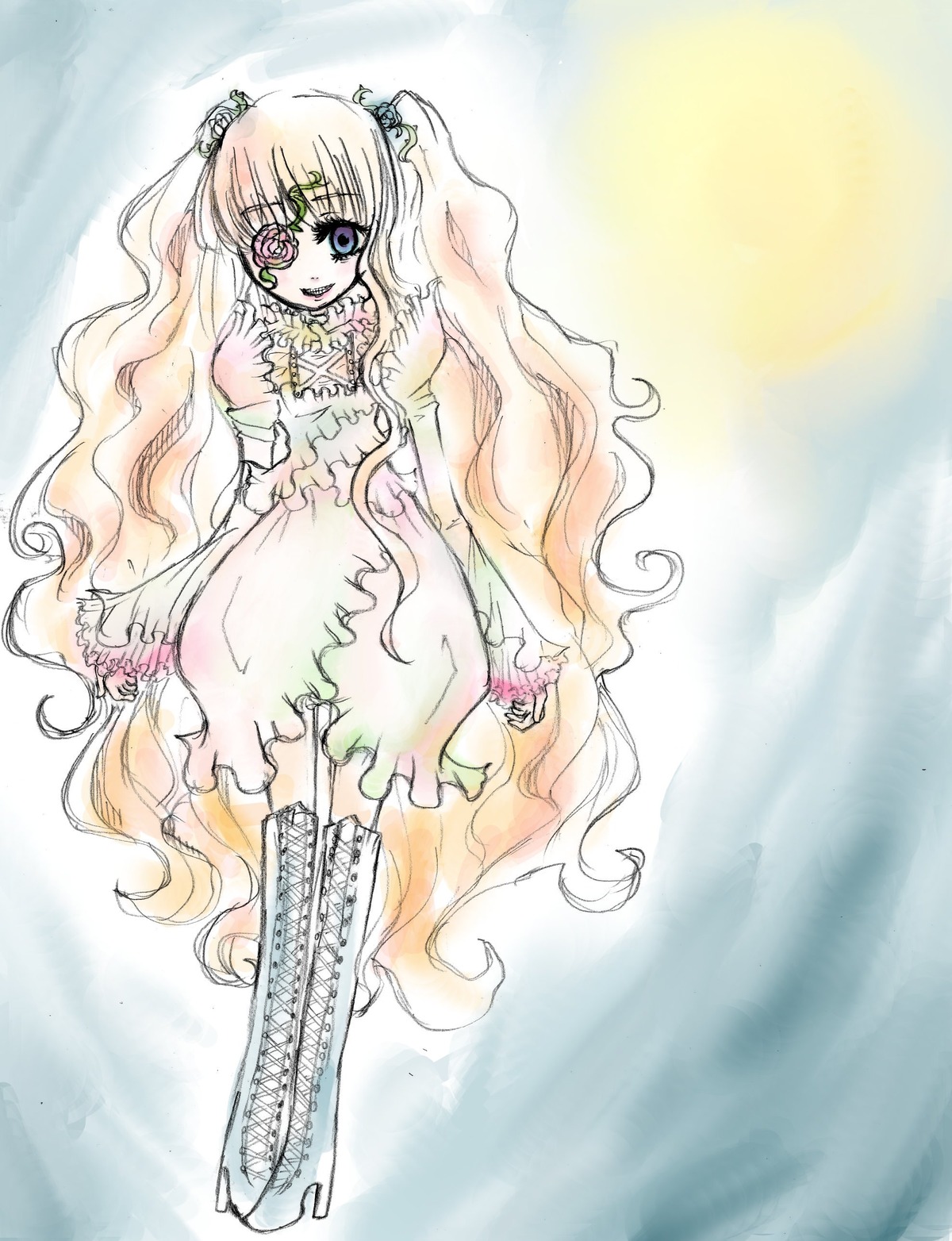 1girl blonde_hair blue_eyes boots cross-laced_footwear dress flower full_body hair_ornament image kirakishou knee_boots long_hair looking_at_viewer pink_hair smile solo standing very_long_hair wavy_hair white_footwear