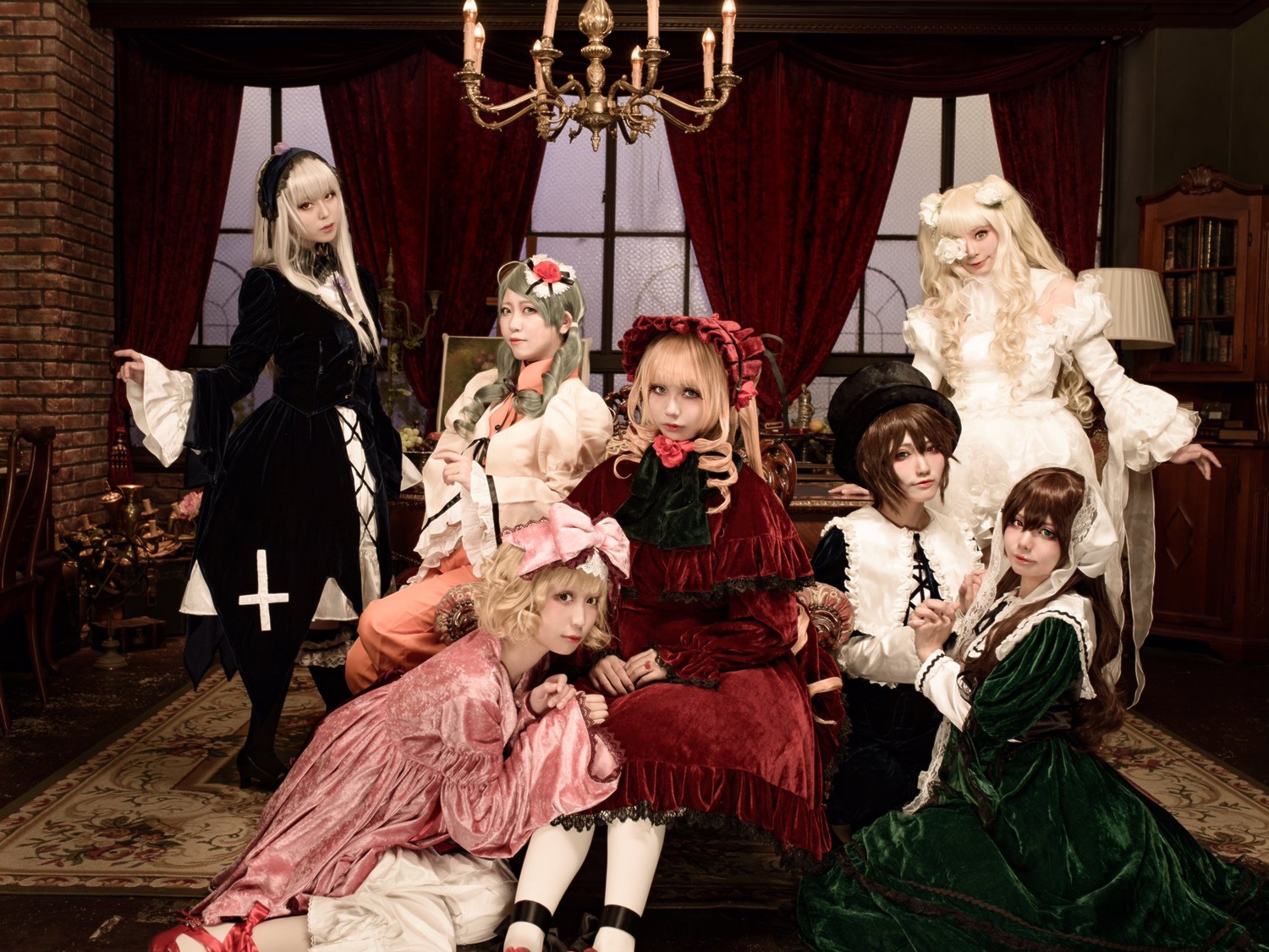 6+girls blonde_hair book bow closed_eyes curtains dress hair_ornament hat indoors long_hair long_sleeves maid multiple_cosplay multiple_girls sitting tagme window