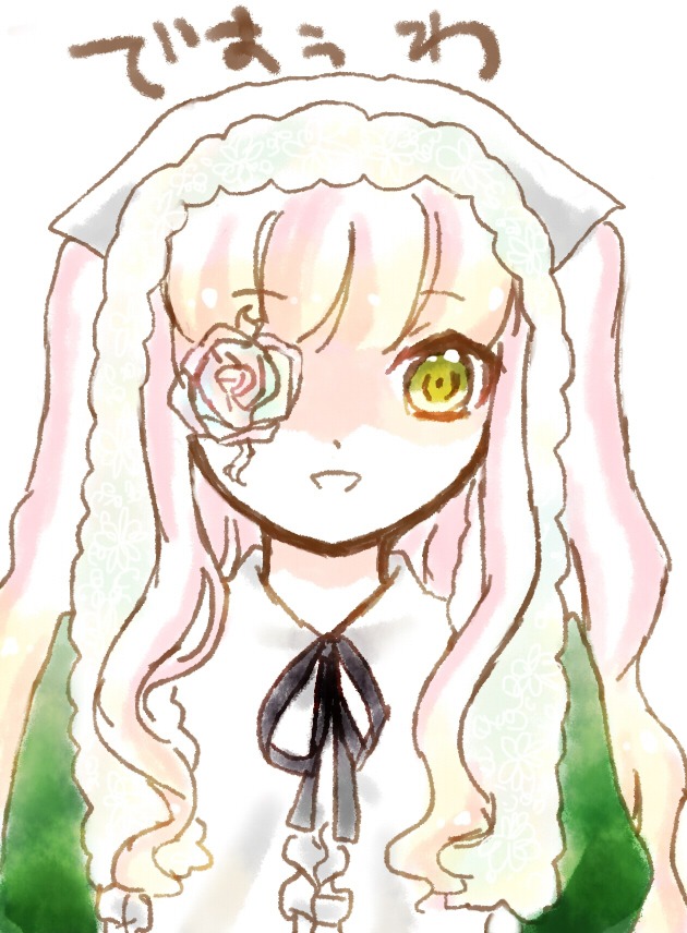 1girl bangs blush costume_switch flower green_eyes image long_hair neck_ribbon pink_hair ribbon rose simple_background solo upper_body veil white_background