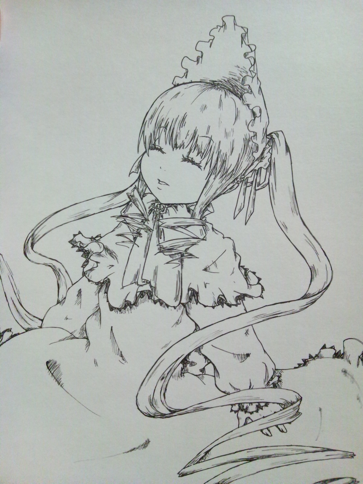 1girl bonnet closed_eyes dress image long_hair monochrome shinku solo torn_clothes traditional_media twintails