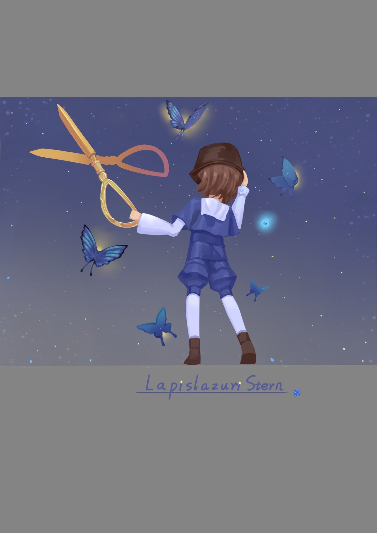 animal blue_butterfly brown_footwear brown_hair bug butterfly butterfly_hair_ornament butterfly_net butterfly_wings dragonfly fairy hand_net hat image insect night night_sky shoes shorts sky solo souseiseki spider squiggle star_(sky) starry_sky