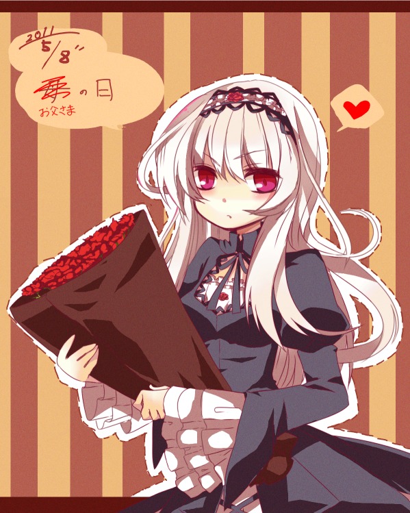 1girl black_dress bouquet commentary_request dress flower frills hairband hall_jion heart image juliet_sleeves lolita_fashion long_hair long_sleeves looking_at_viewer purple_eyes red_eyes red_flower red_rose rose rozen_maiden silver_hair solo spoken_heart striped striped_background suigintou vertical_stripes white_hair