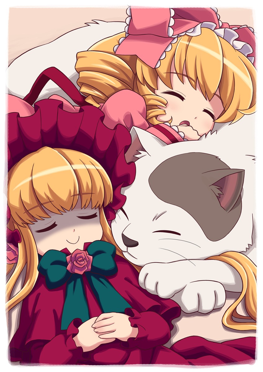 2girls :3 aka_(s3637) blonde_hair bonnet bow cat closed_eyes commentary_request dress drill_hair flower frills hair_bow highres hina_ichigo hinaichigo image long_hair long_sleeves lying multiple_girls on_back pair photoshop_(medium) pink_bow red_dress red_flower red_rose rose rozen_maiden shaded_face shinku sleeping smile tongue twintails